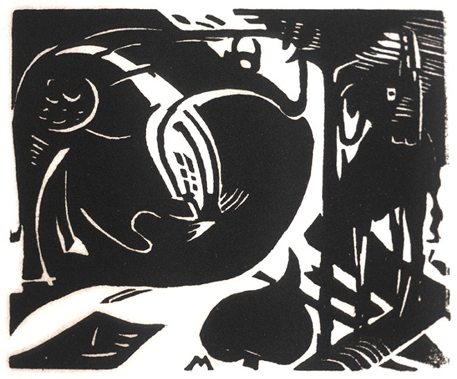 Franz Marc (German, 1880–1916). "Zwei Fabeltiere (Two Mythical Animals)," 1914, Woodcut on paper