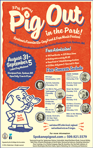 Pig Out in the Park feat. Sir Mix-A-Lot, Celebrate with Peter Rivera, Rocklyn Road, Bobby Patterson Band, Stepbrothers, Flying Spiders, Barkin Katz, Atomic Jive, the Sidemand, Yellow Dog and more