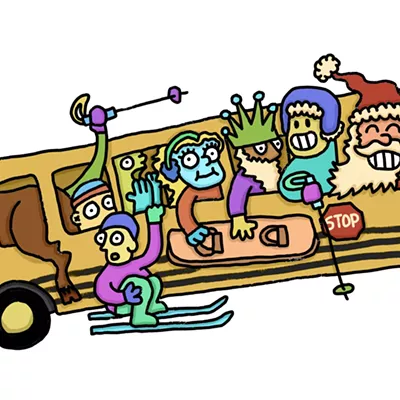 Image: Ah, the ski bus — a rite of passage for many young skiers, and still offering a trip through nostalgia to get to the snow on the other side