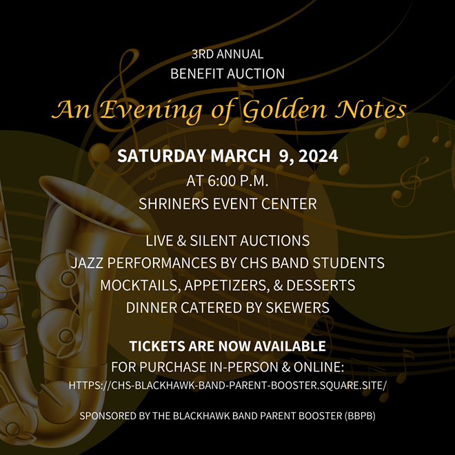 Join the Blackhawk Band Parent Booster for an evening of excellent jazz, great food, and fun auction events, all to support the Cheney High School Band Program!