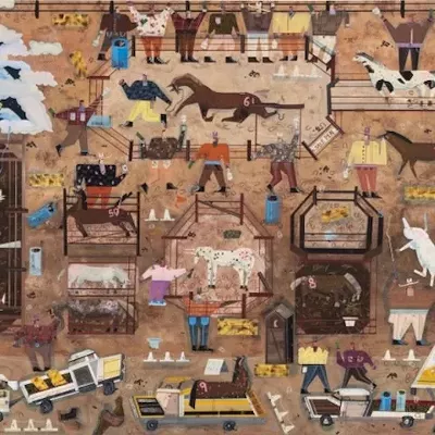 Image: Abridged title: When I Was About 11 And Had a Bright Pink Windbreaker We Would Go To The Horse Sale Outside Of Town To Watch The Bidders Buy This Horse Or That Horse [...] (detail), 2022, Acrylic on panel, 60 x 80 in (152.4 x 203. 2 cm).