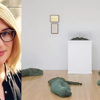 Image: Guest Curator Johanna Gosse and "The Non-War Memorial" by Ed Kienholz.