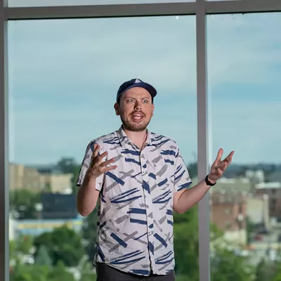 Image: Local comic Ryan McComb performing a special goodbye