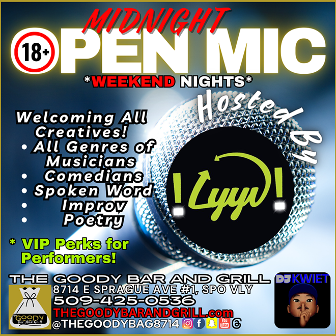 Midnight Open Mic (18+) with drunch and bottomless mimosas.