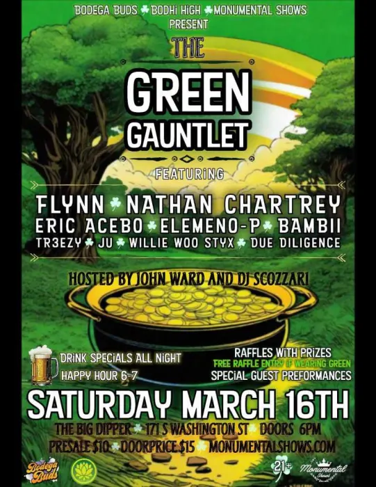 Image: The Green Gauntlet: Flynn, Nathan Chartrey, Eric Acebo, Elemeno-P, Bambii, Tr3ezy, Ju, Willie Woo Styx, Due Diligence