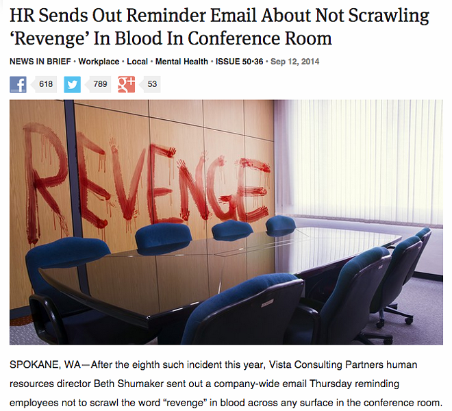 The Onion in Spokane: 'Don't write 'revenge' in blood in the conference room'