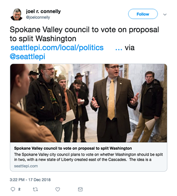 No, Joel Connelly, the Spokane Valley City Council isn't trying to split Washington