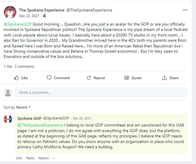 After Inlander inquiry, Spokane GOP deactivates and condemns conspiracy-theory-laden "SpokaneGOP" Gab account