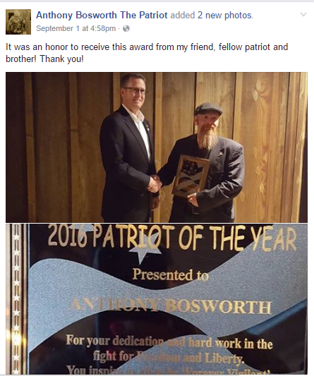 Rep. Matt Shea presents Oregon-standoff figure Bosworth with "2016 Patriot of the Year" award.