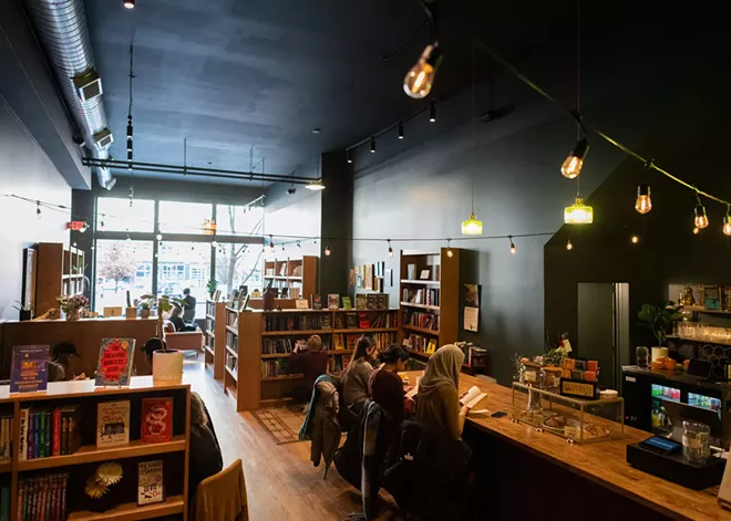 The cafe area and bookshelves at Jupiter's Eye Book Cafe in downtown Spokane